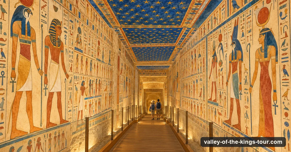 Illustration: a long tomb corridor descending into the rock, its walls covered in painted figures and columns of hieroglyphs, a dark blue ceiling with yellow stars, a wooden walkway along the floor