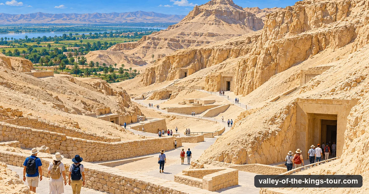 Illustration: a bare desert valley between pale limestone hills under a bright sky, a few small groups of visitors on the paths between tomb entrances cut into the slopes