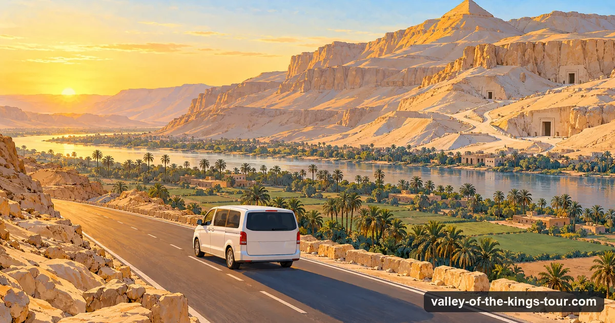 Illustration: a white minivan on a road above the Nile valley at dawn, palm groves and green fields below, pale cliffs behind