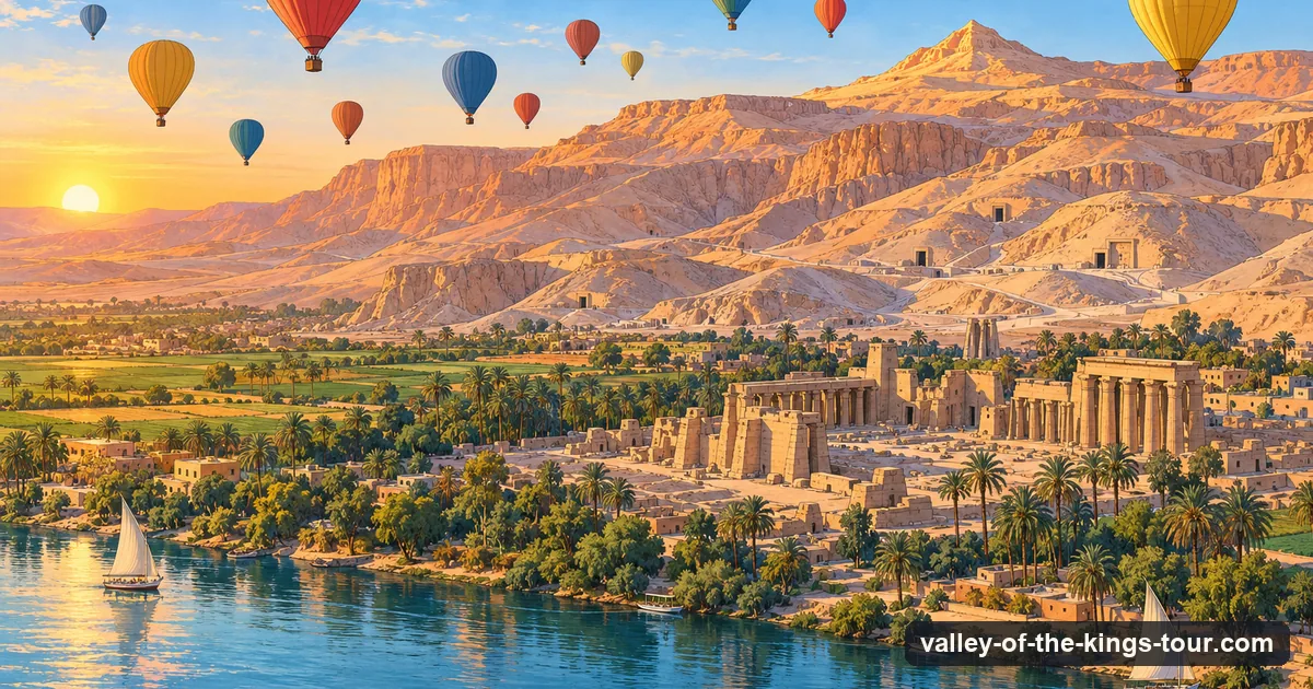Illustration: a dozen hot air balloons in the dawn sky over green fields and palm groves beside the Nile, a stone temple below and bare pinkish hills behind