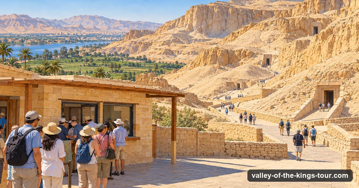 Illustration: visitors with sun hats queueing at a ticket window in a stone building at the foot of bare desert cliffs, a paved path leading up into the valley behind