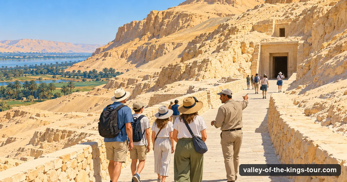 Illustration: a small group with a guide walking up a sunlit path between bare limestone cliffs towards a tomb entrance cut into the rock, a few other visitors ahead